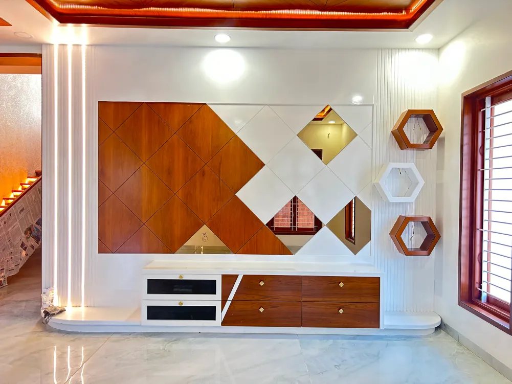 Living Room Feature Wall interior project in Coimbatore by AVS Interior Design